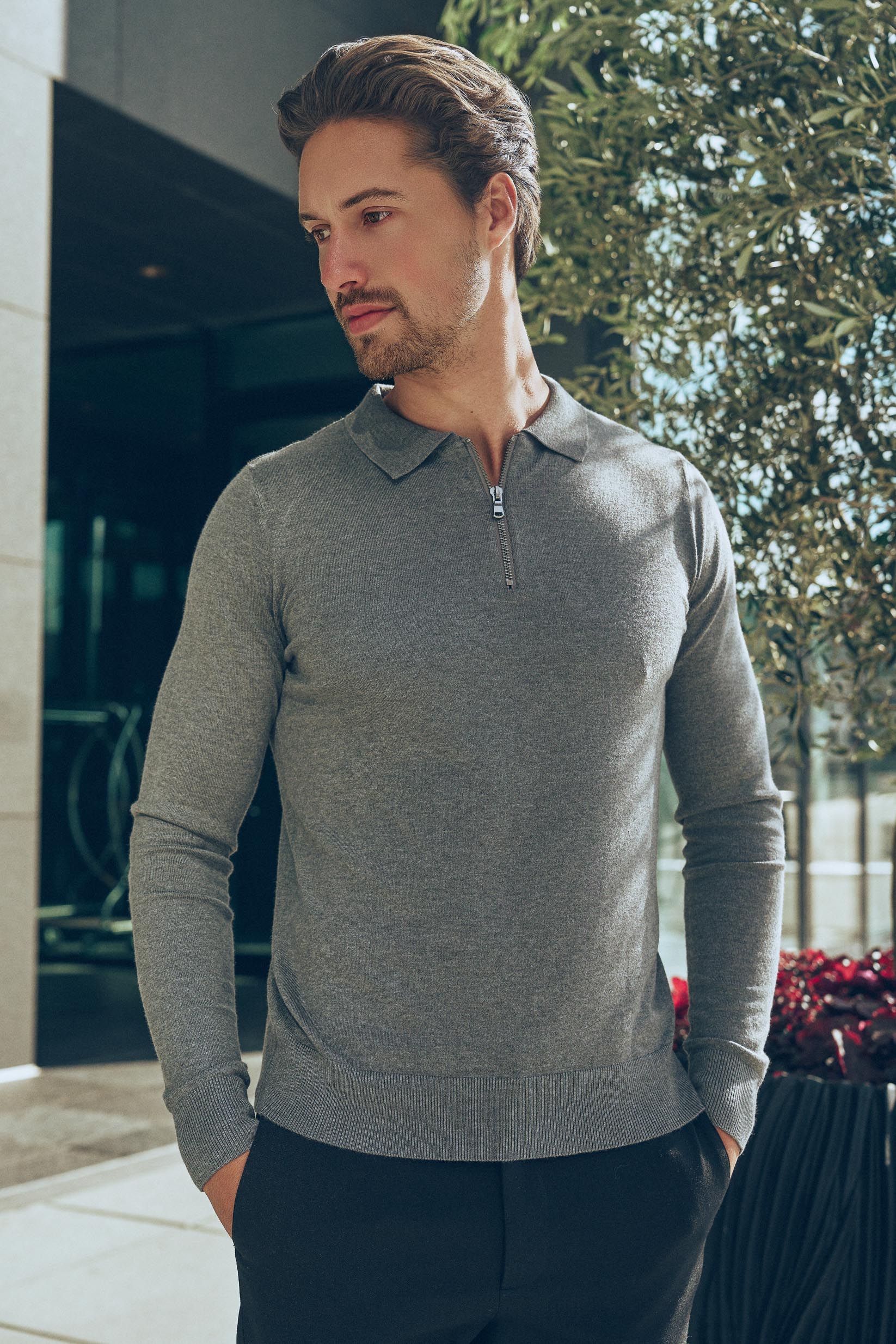 Nathan Zipper Langarm-Polo Antra Melange
