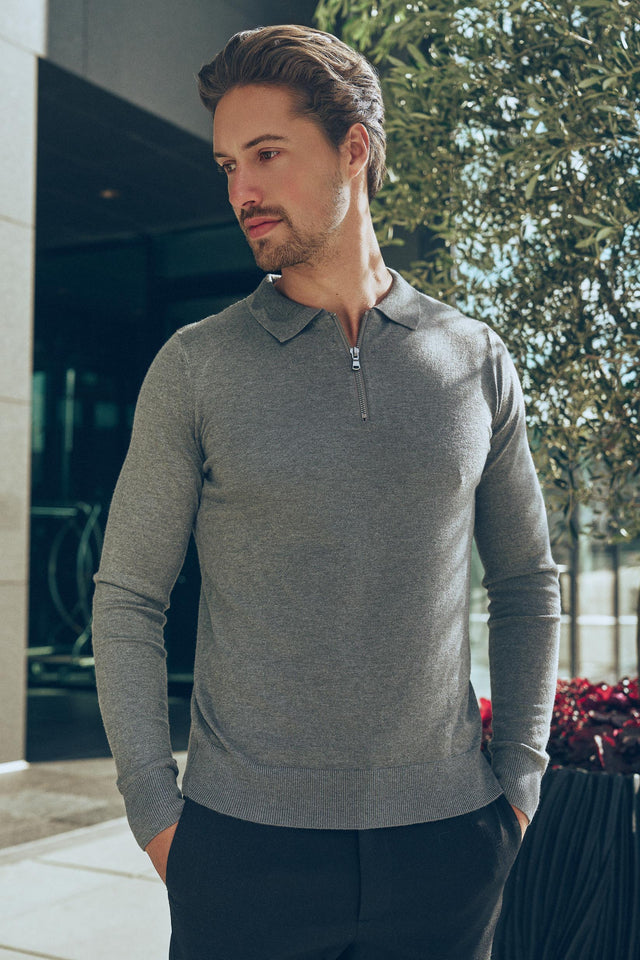 Nathan Zipper Langarm-Polo Antra Melange