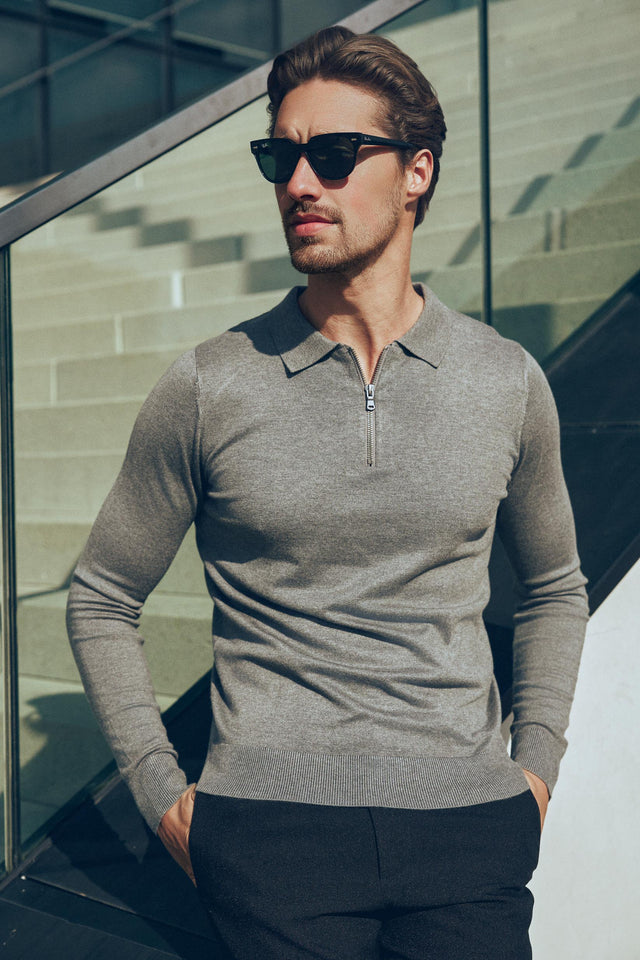 Nathan Zipper Langarm-Polo Antra Melange