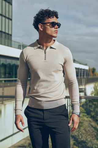 Nathan Zipper Langarm-Polo Beige