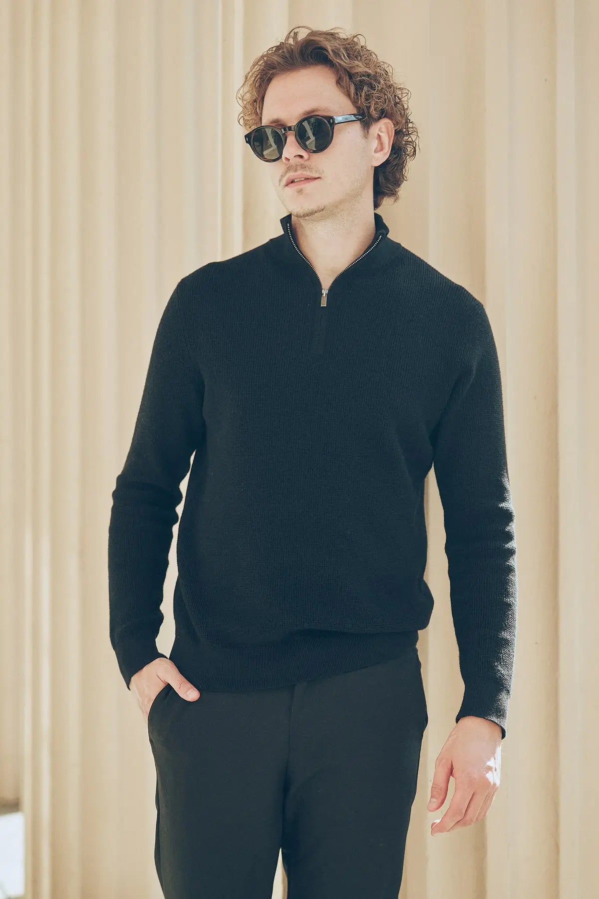 Peak Waffel-Pullover mit Reißverschluss Schwarz