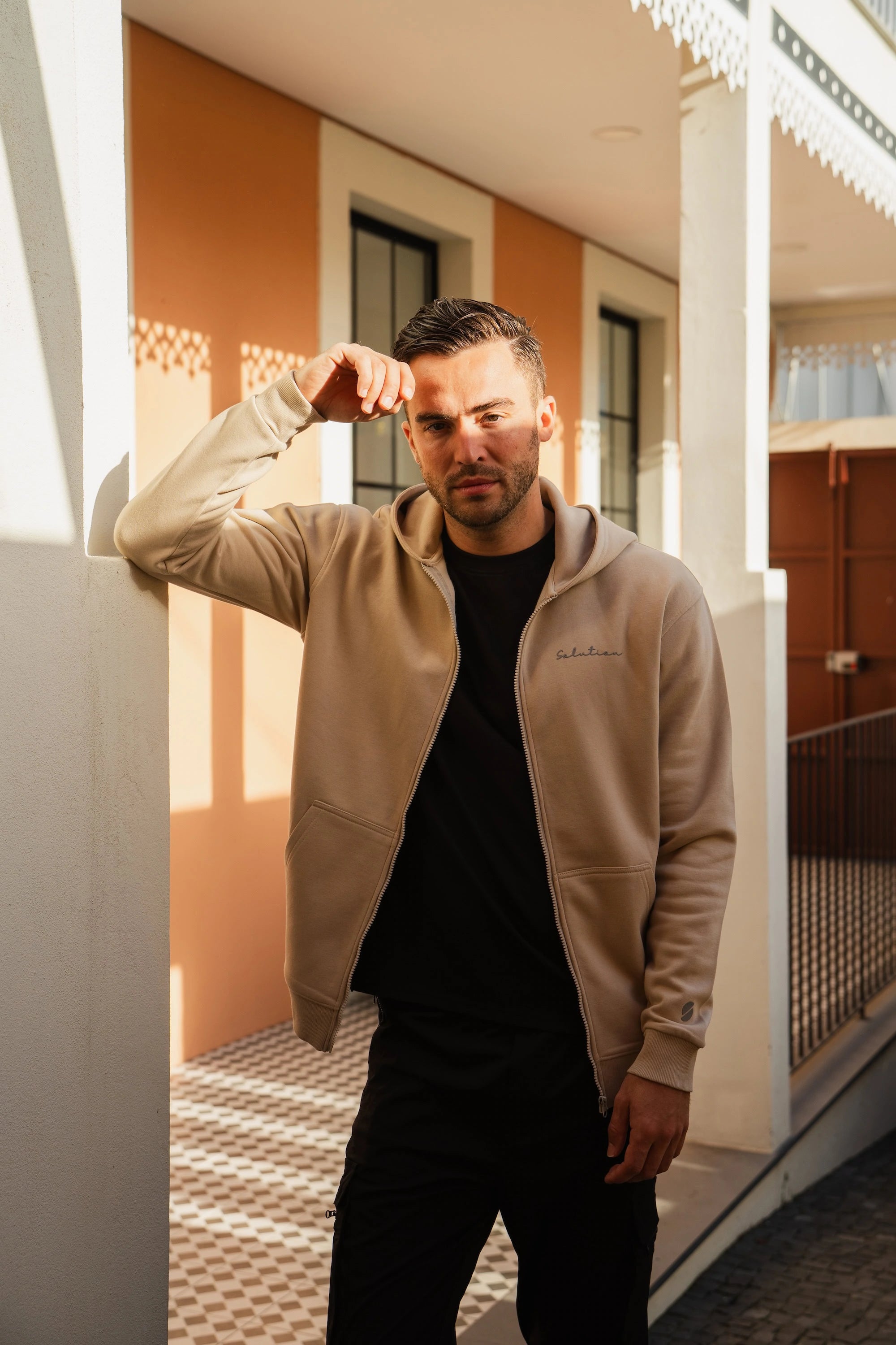 Essential Rubber Print Zipper Hoodie Beige