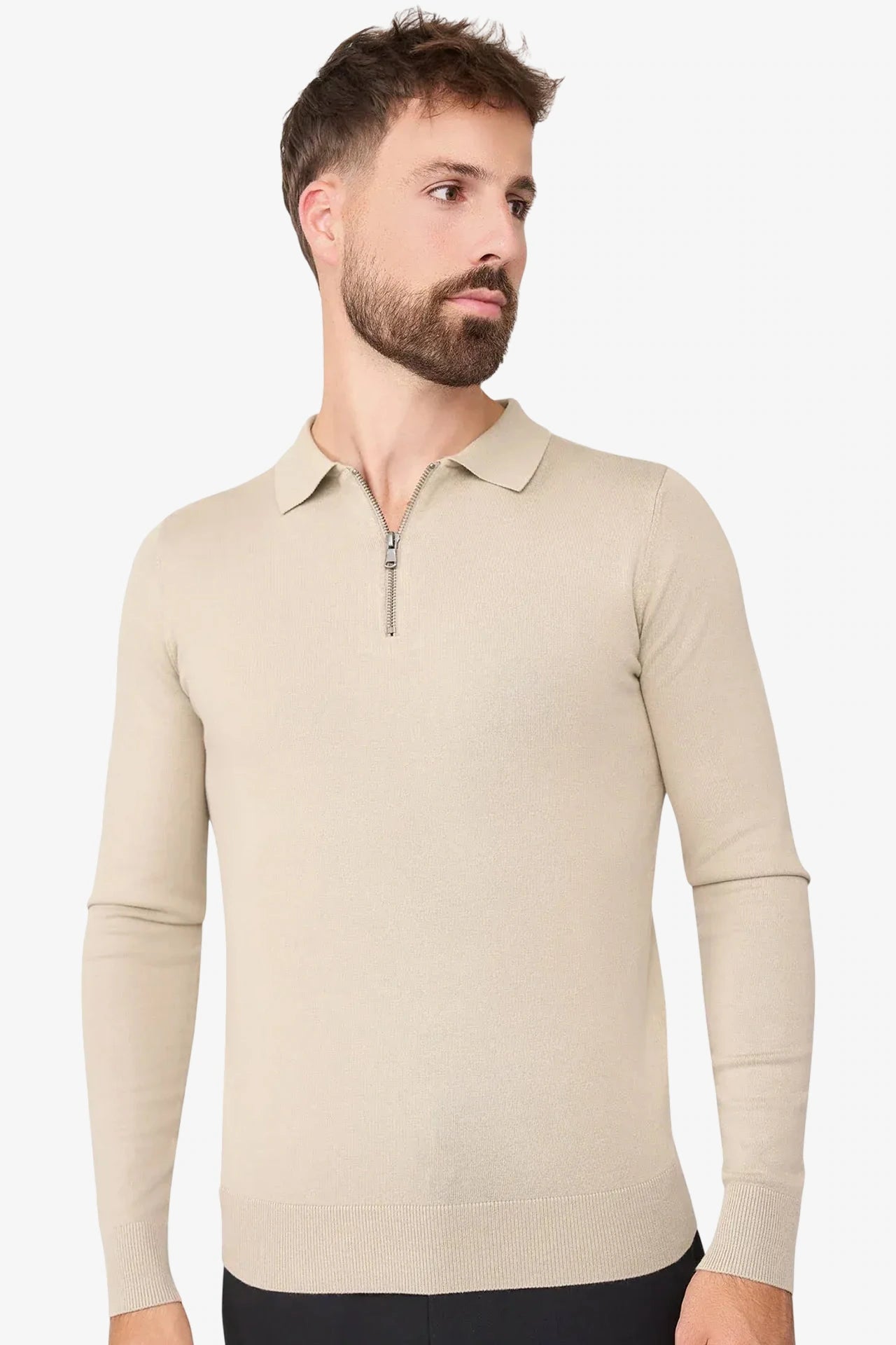 Nathan Zipper Langarm-Polo Beige
