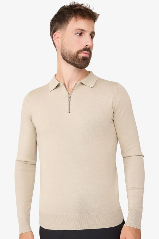 Nathan Zipper Langarm-Polo Beige