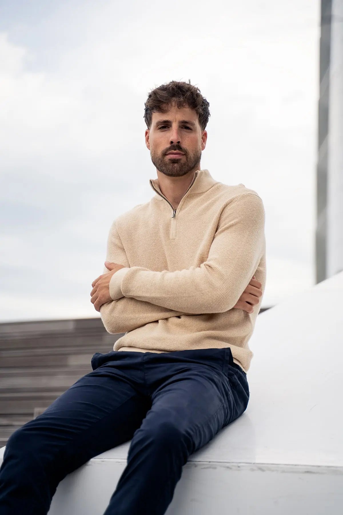 Peak Waffel-Pullover mit Reißverschluss Beige