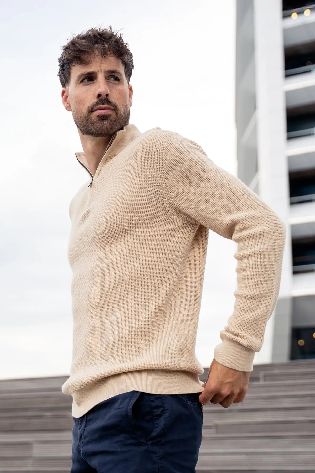 Peak Waffel-Pullover mit Reißverschluss Beige
