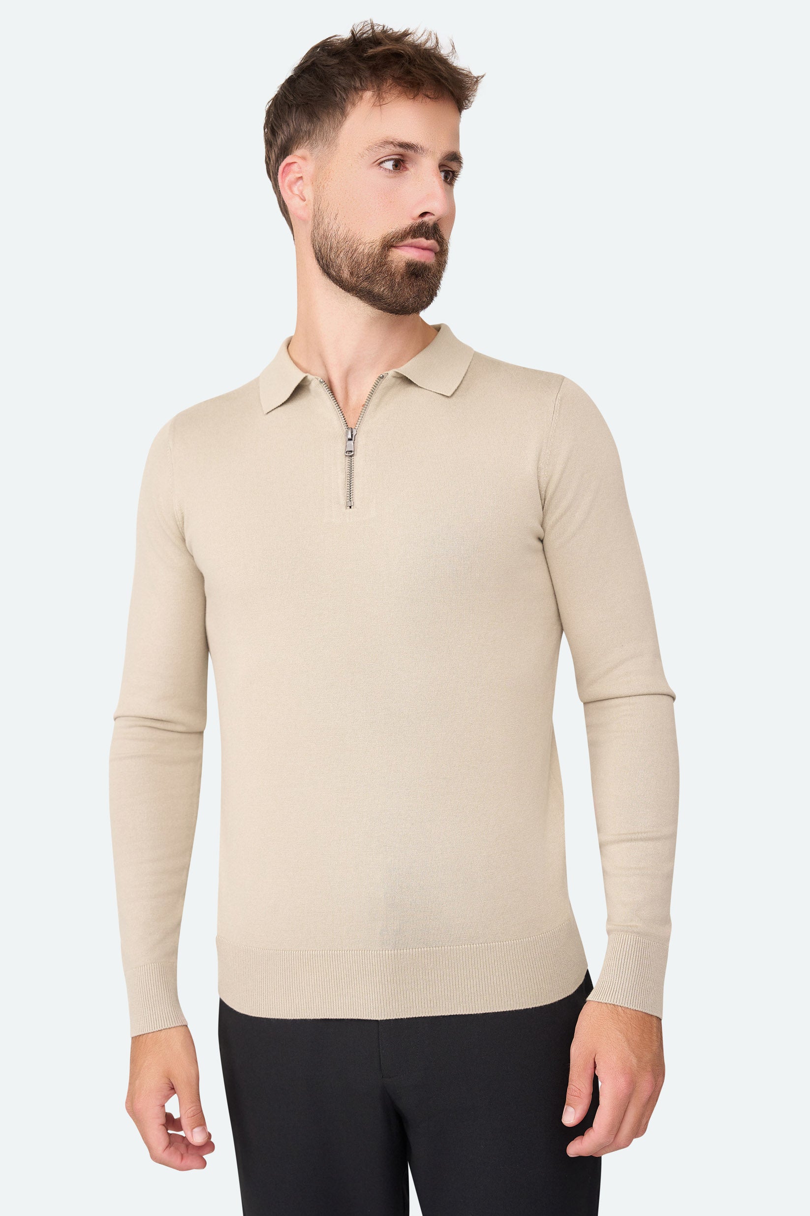 Nathan Zipper Langarm-Polo Beige