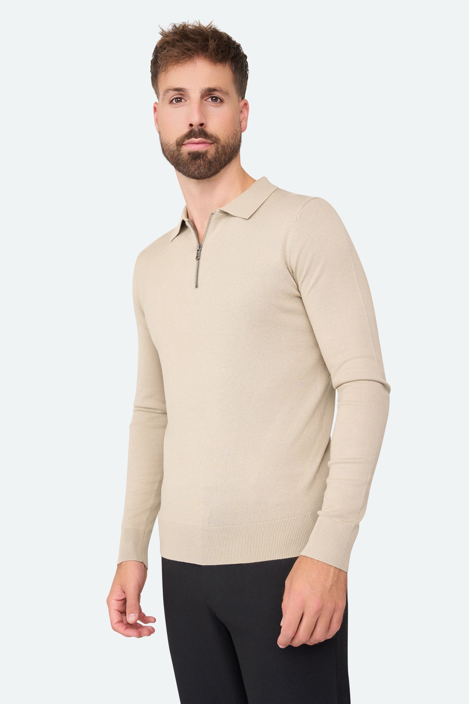 Nathan Zipper Langarm-Polo Beige
