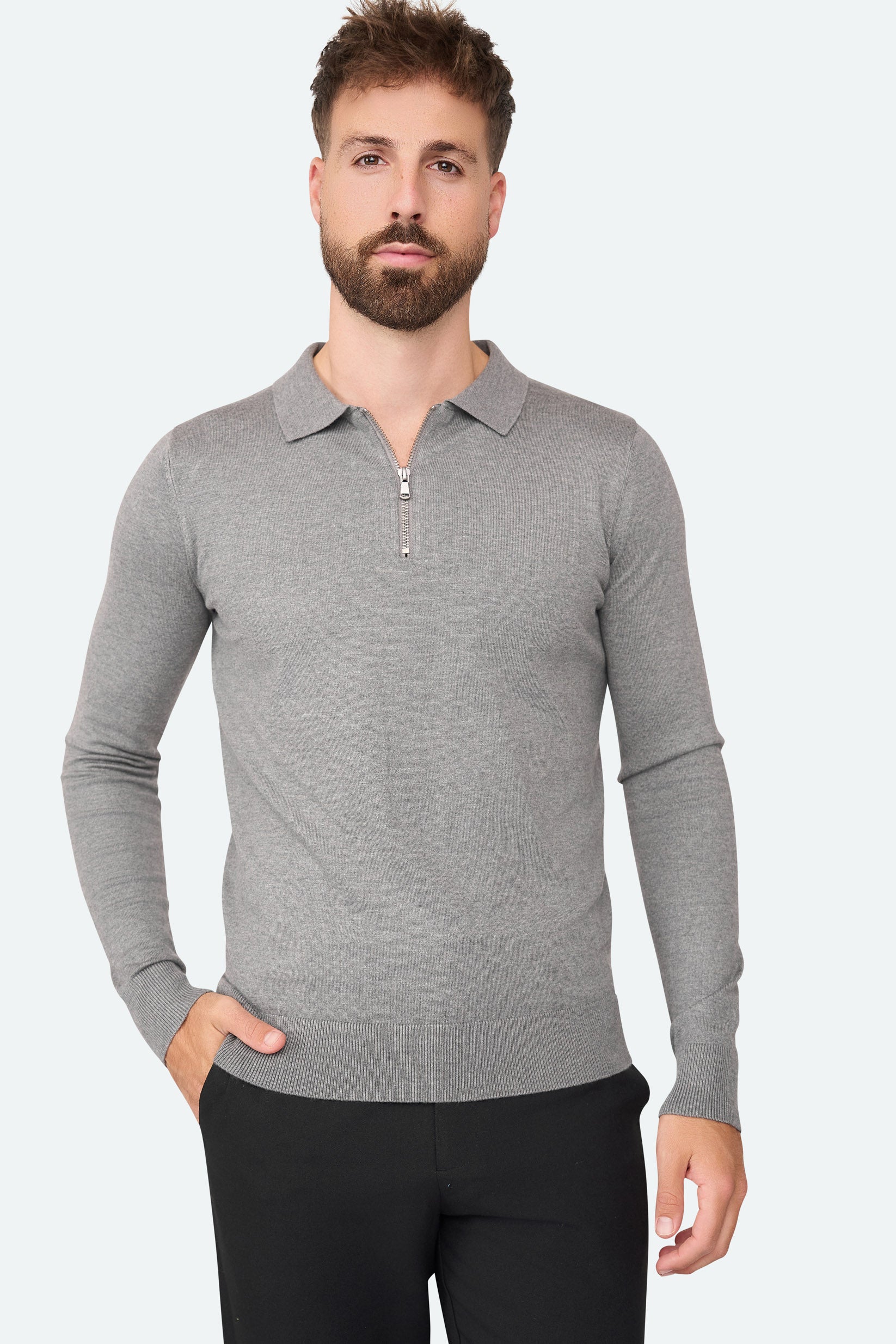 Nathan Zipper Langarm-Polo Antra Melange