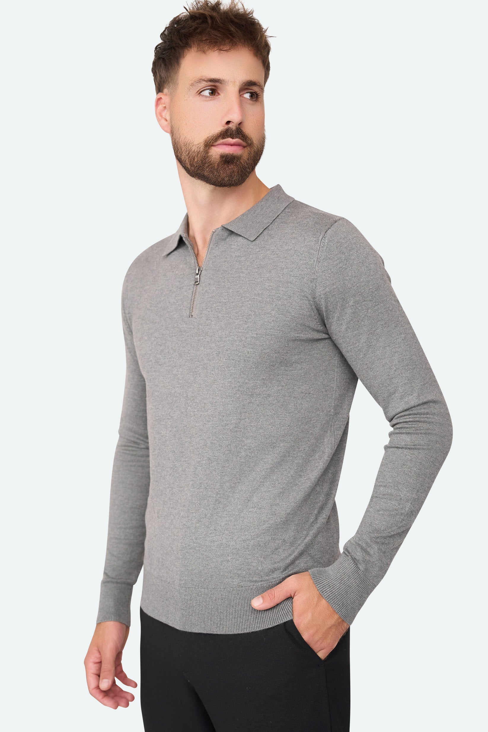 Nathan Zipper Langarm-Polo Antra Melange