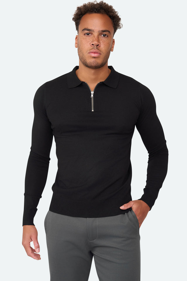 Nathan Zipper Longsleeve Polo Schwarz
