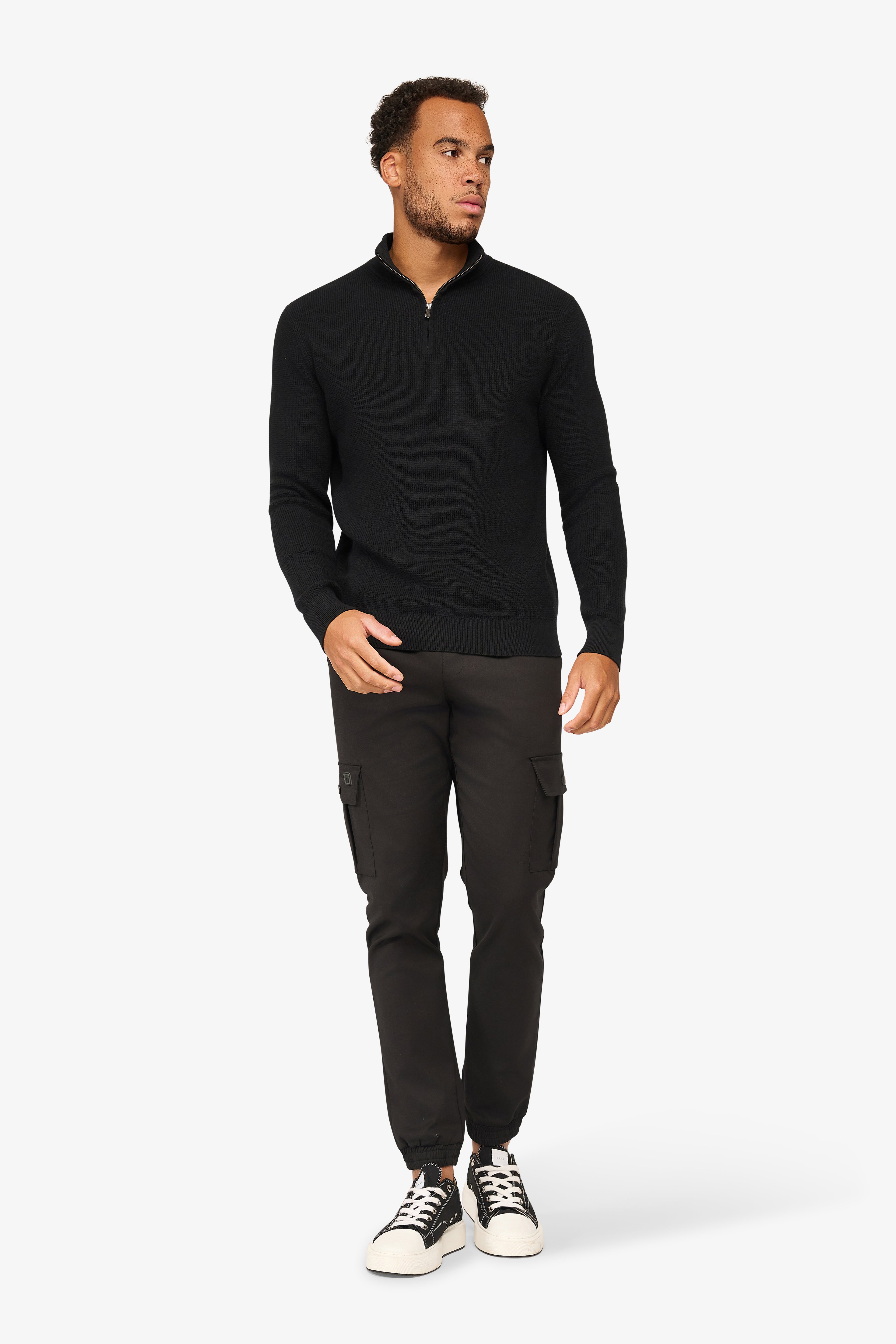 Peak Waffel-Pullover mit Reißverschluss Schwarz