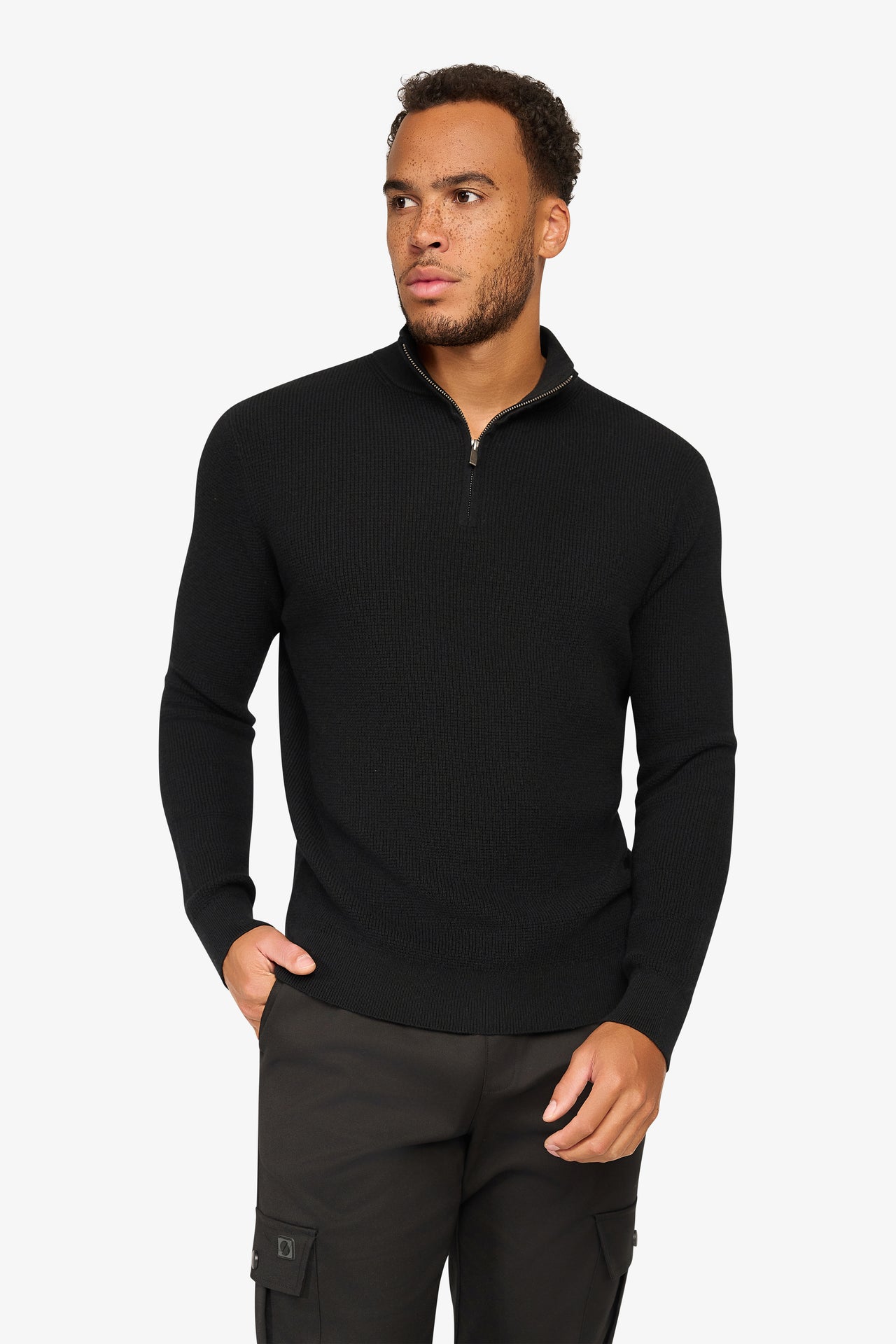 Peak Waffel-Pullover mit Reißverschluss Schwarz