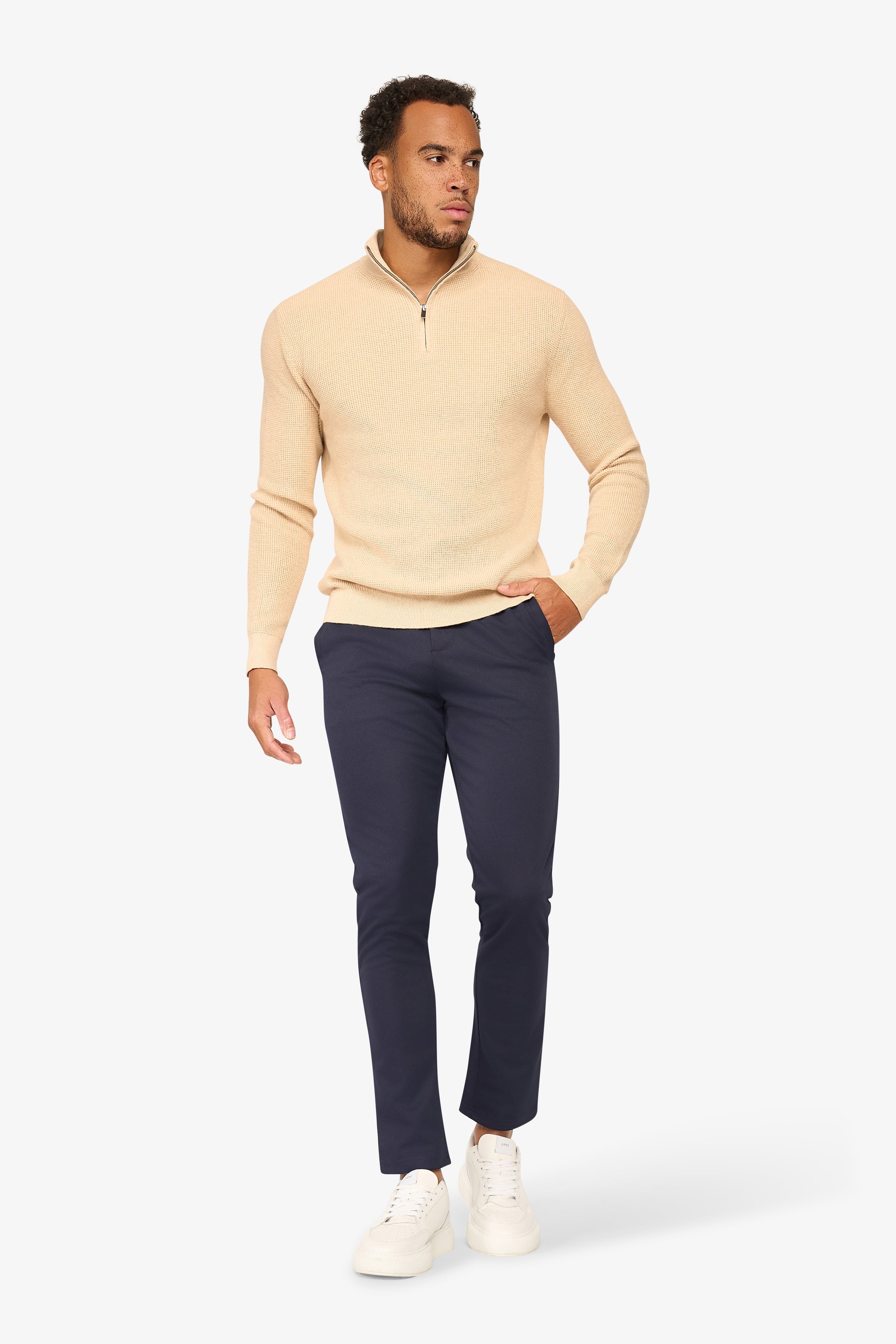Peak Waffel-Pullover mit Reißverschluss Beige