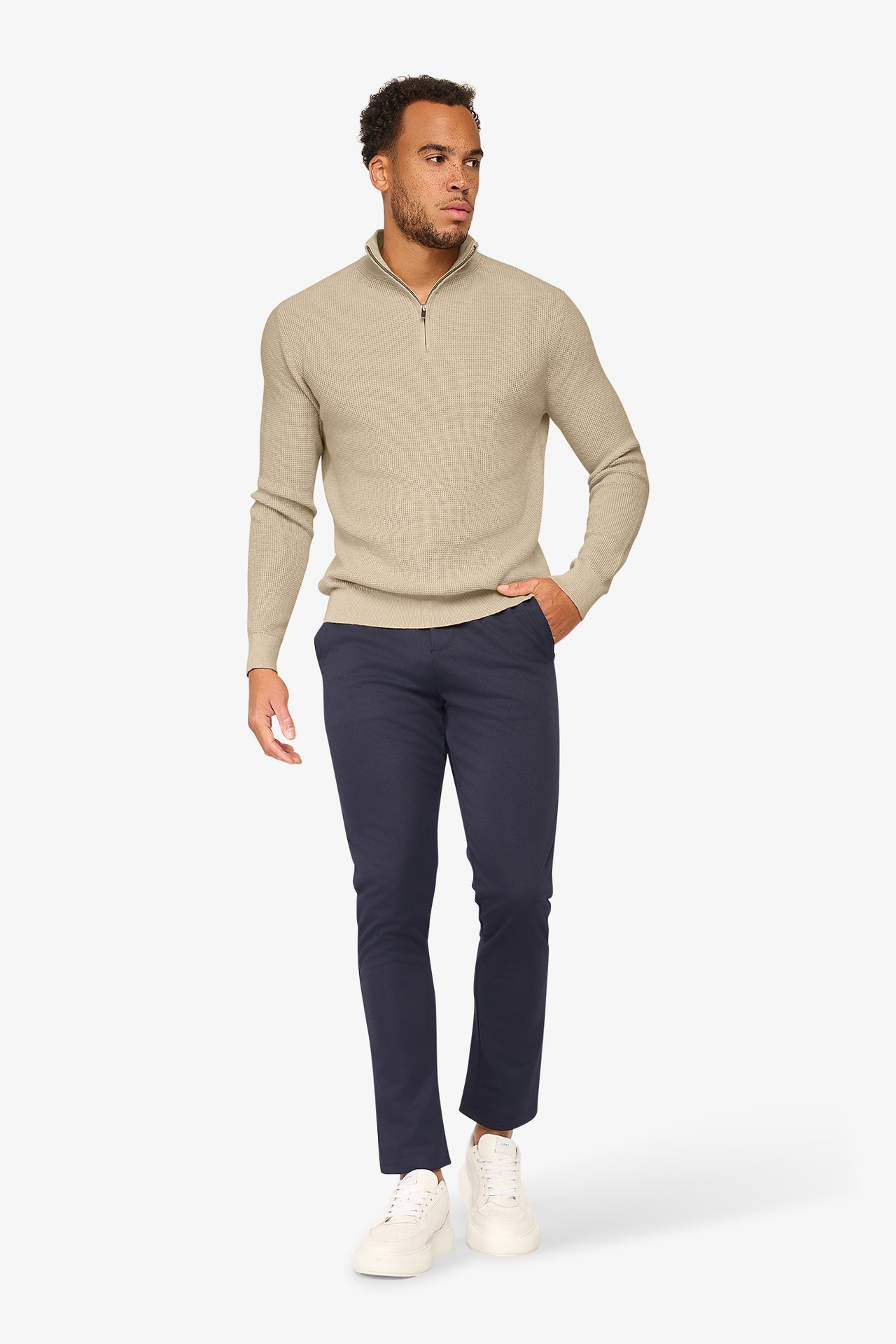 Peak Waffel-Pullover mit Reißverschluss Beige