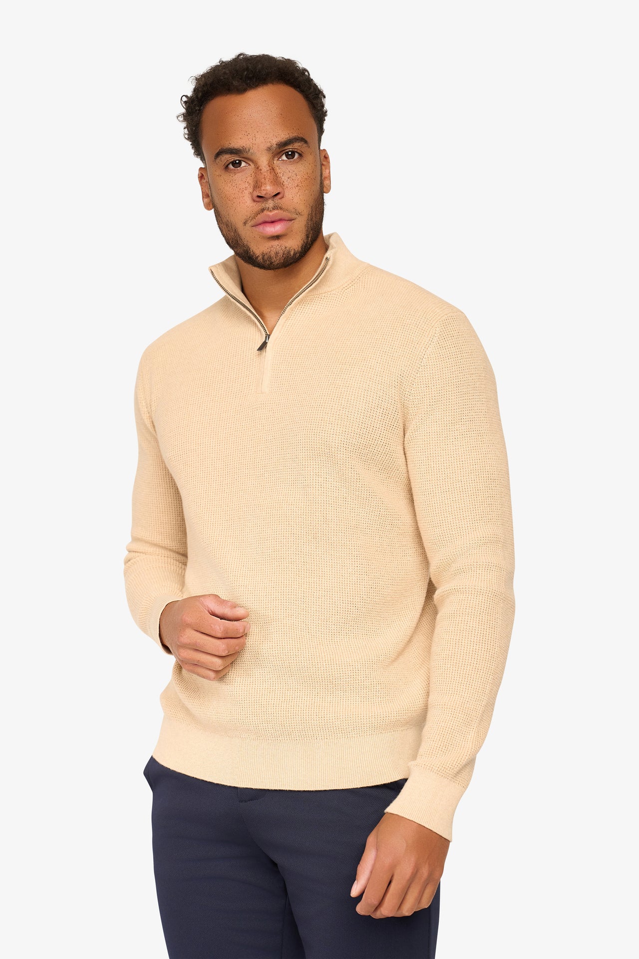 Peak Waffel-Pullover mit Reißverschluss Beige