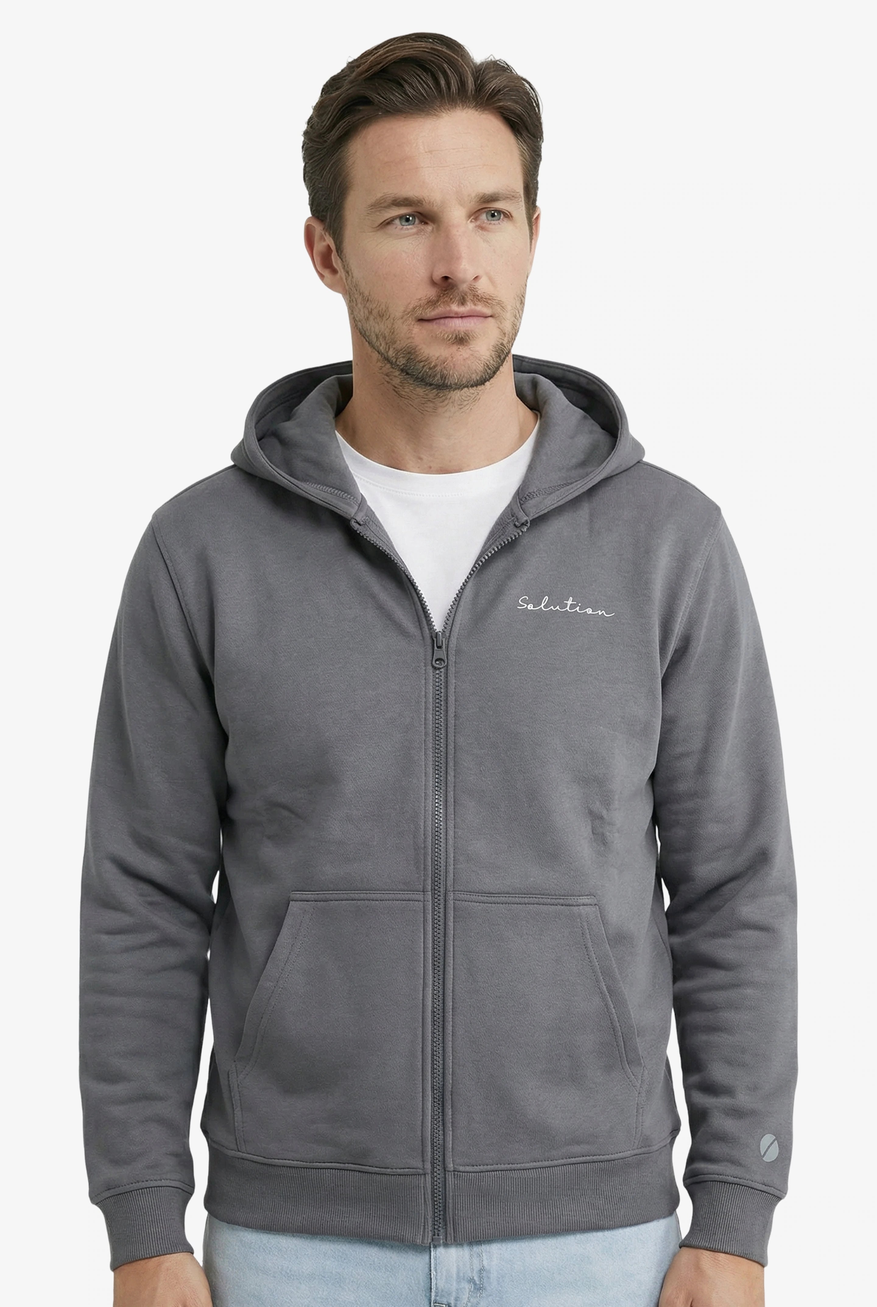 Essential Rubber Print Zipper Hoodie Iron Gate