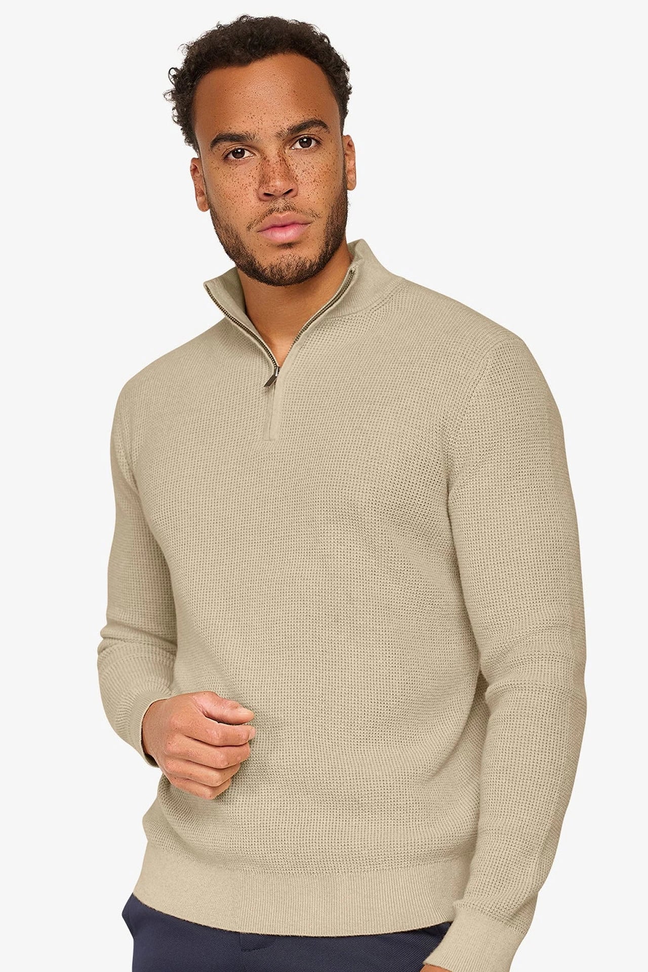 Peak Waffel-Pullover mit Reißverschluss Beige